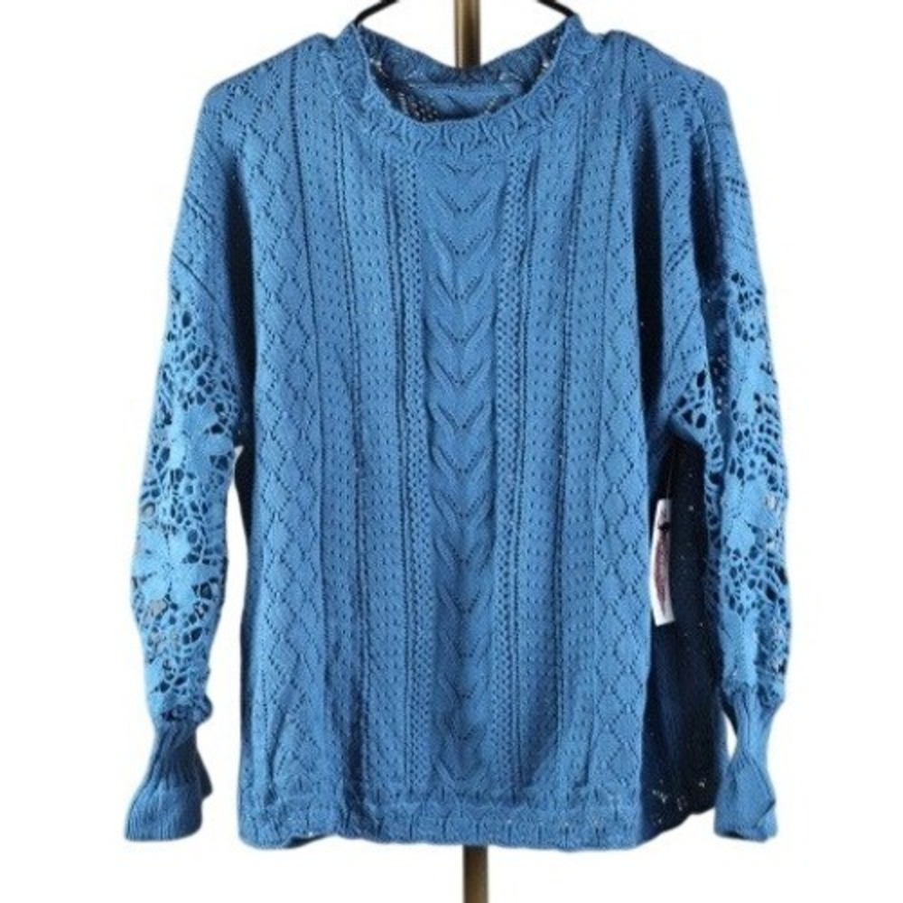 Uptown Girl Boutique Blue Crochet Lace Pointelle Knit Sweater XL LC2721105 Boho